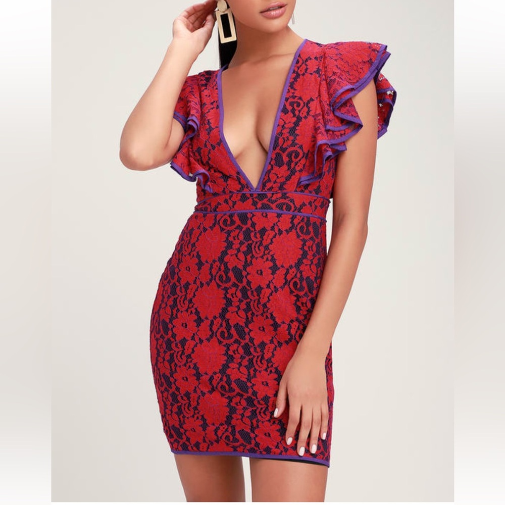 NWT Lulus Elegant Red and Purple Ruffle Mini Lace Dress